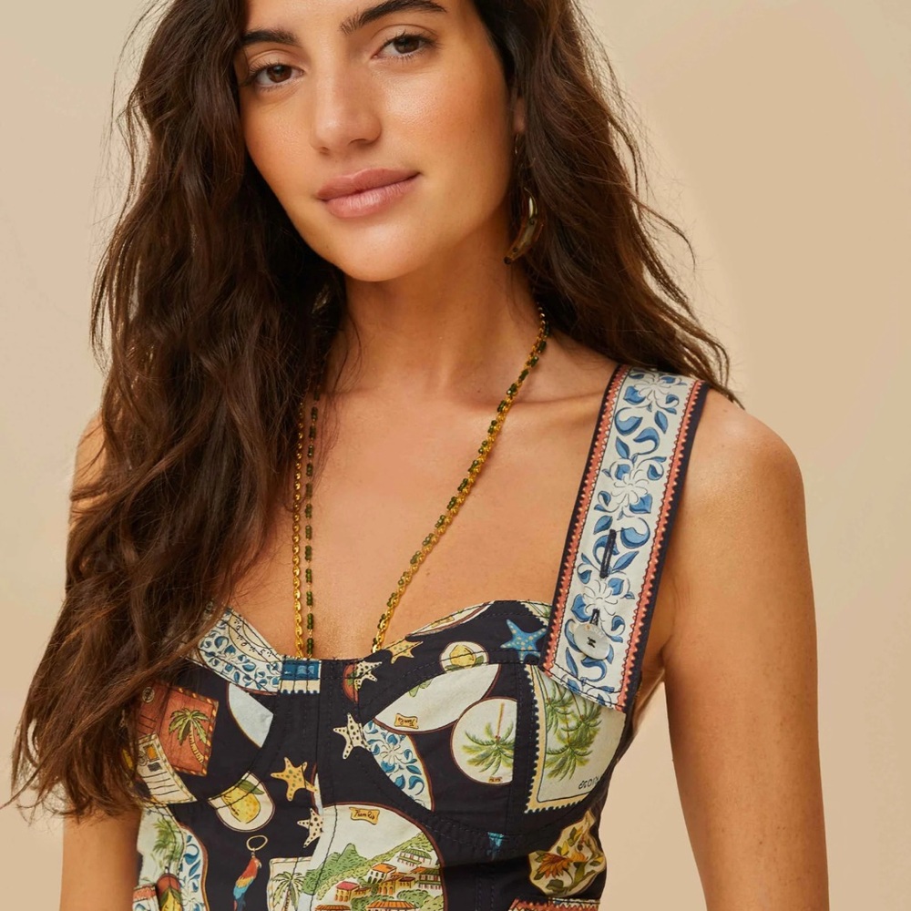 Farm Rio NWT black trip souvenir topstitching cotton top